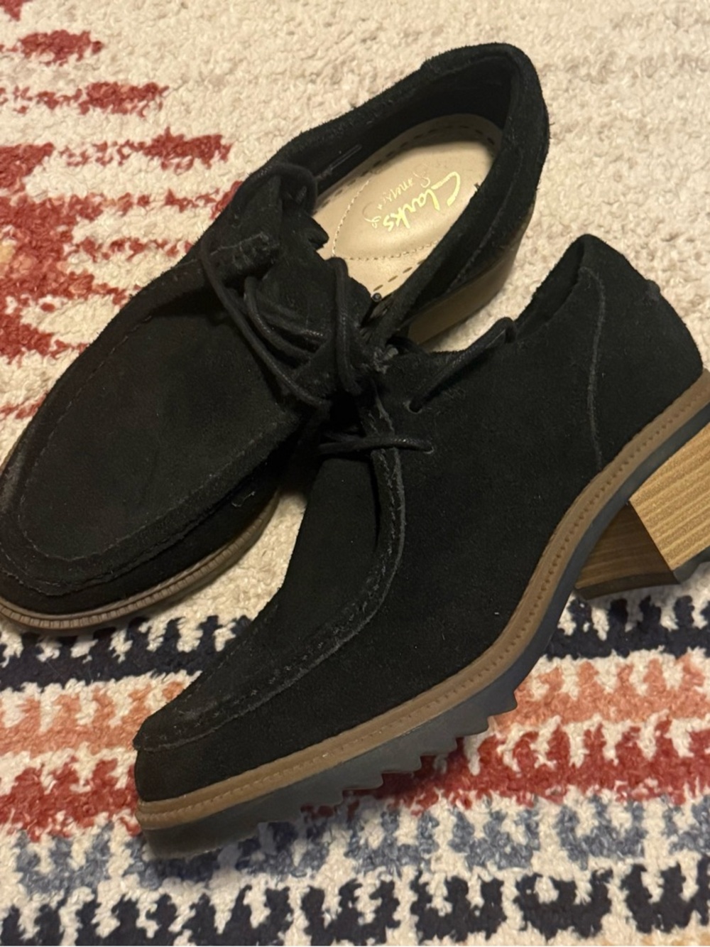 Clarks Black Suede Lace-Up Block Heel Loafers